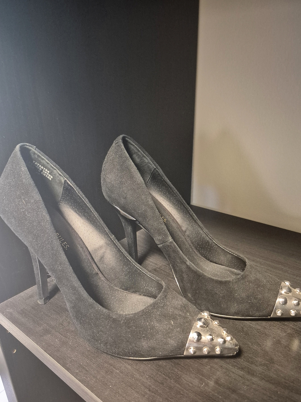 Black Suede Pointed Toe Studded Pumps - Women's Heels